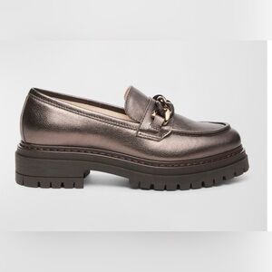 Nero Giardini Metallic Leather Chain Lug-Sole Loafers Size 39